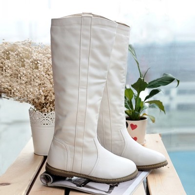 春秋新款平底平跟中筒靴騎士靴白色女靴子大碼單靴演出高筒護士靴 東材中筒靴型號【價格 圖片 品牌 報價】-蘇寧易購力盾服飾鞋帽專營店