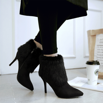 天鞋子女短靴尖頭細跟跟靴子2017新款韓版兔毛及踝靴加絨婚靴 賓如意靴子型號【價格 圖片 品牌 報價】-蘇寧易購樸云服飾鞋帽專營店